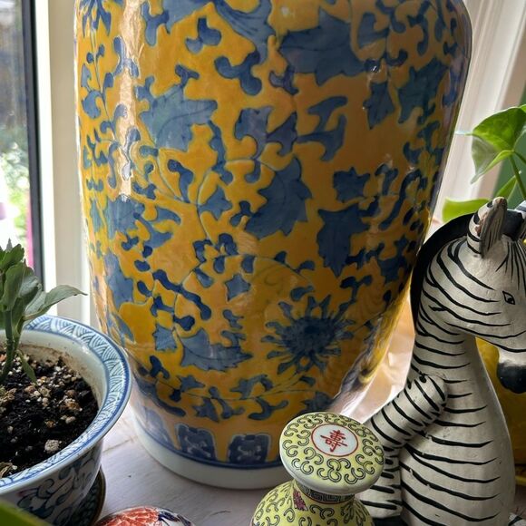 Vintage Artistic Yellow and Blue Asian Floral Vase 19" tall - Picture 3 of 12